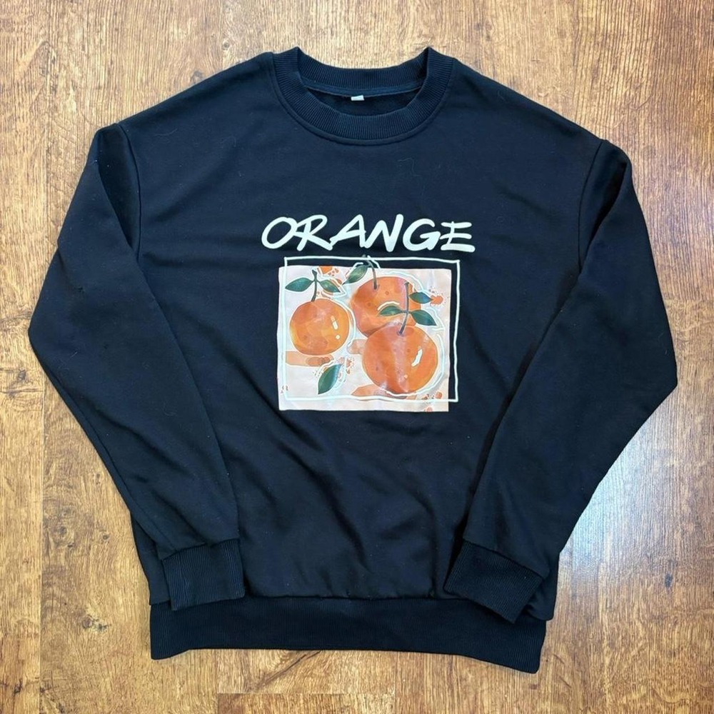 SHEIN Black Orange Graphic Crewneck Sweatshirt Distressed XS Womens Pullover